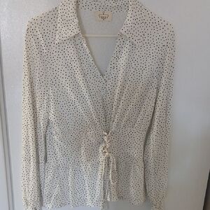 Ember Cream Polka Dot Drawstring Button-Down Blouse